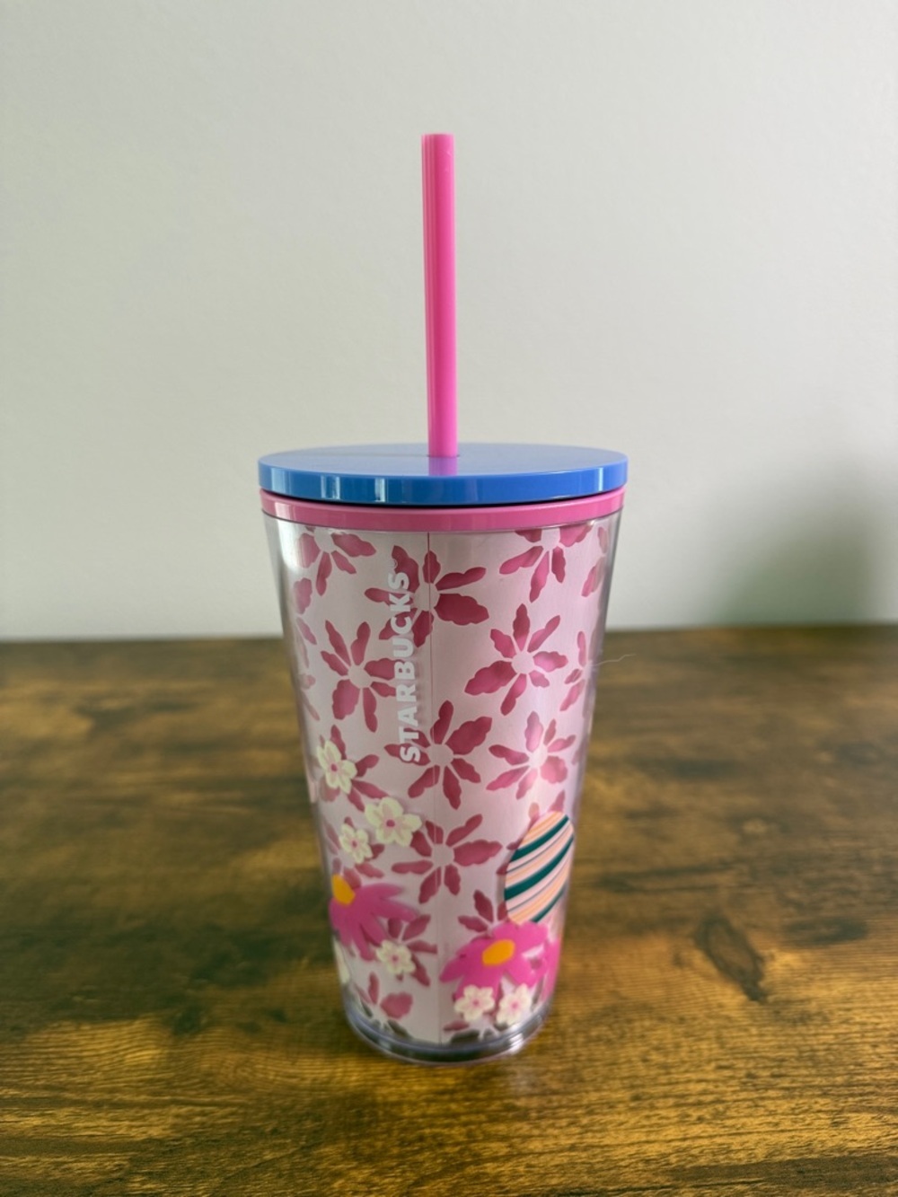NWT Starbucks Pink Floral Tumbler with Blue Lid and Hot Pink Straw, 14 Oz